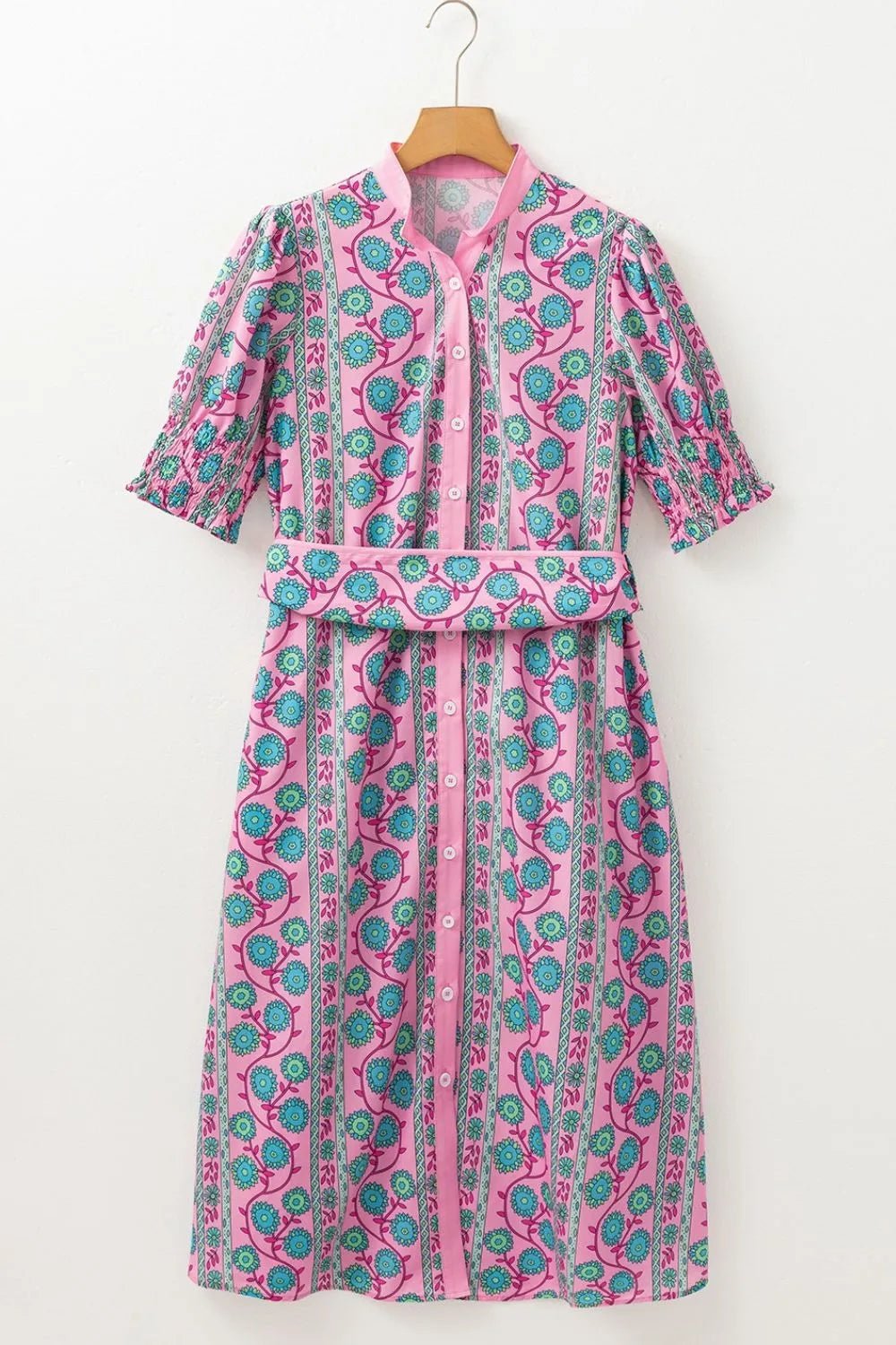 Printed Shirred Sleeve Buttoned Front Midi Dress with Sash