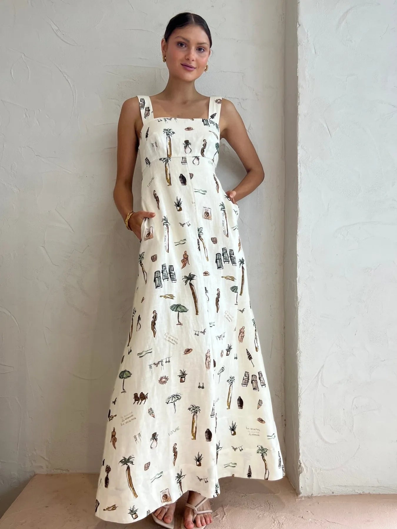 Printed Square Neck Maxi Cami Dress with Pocket