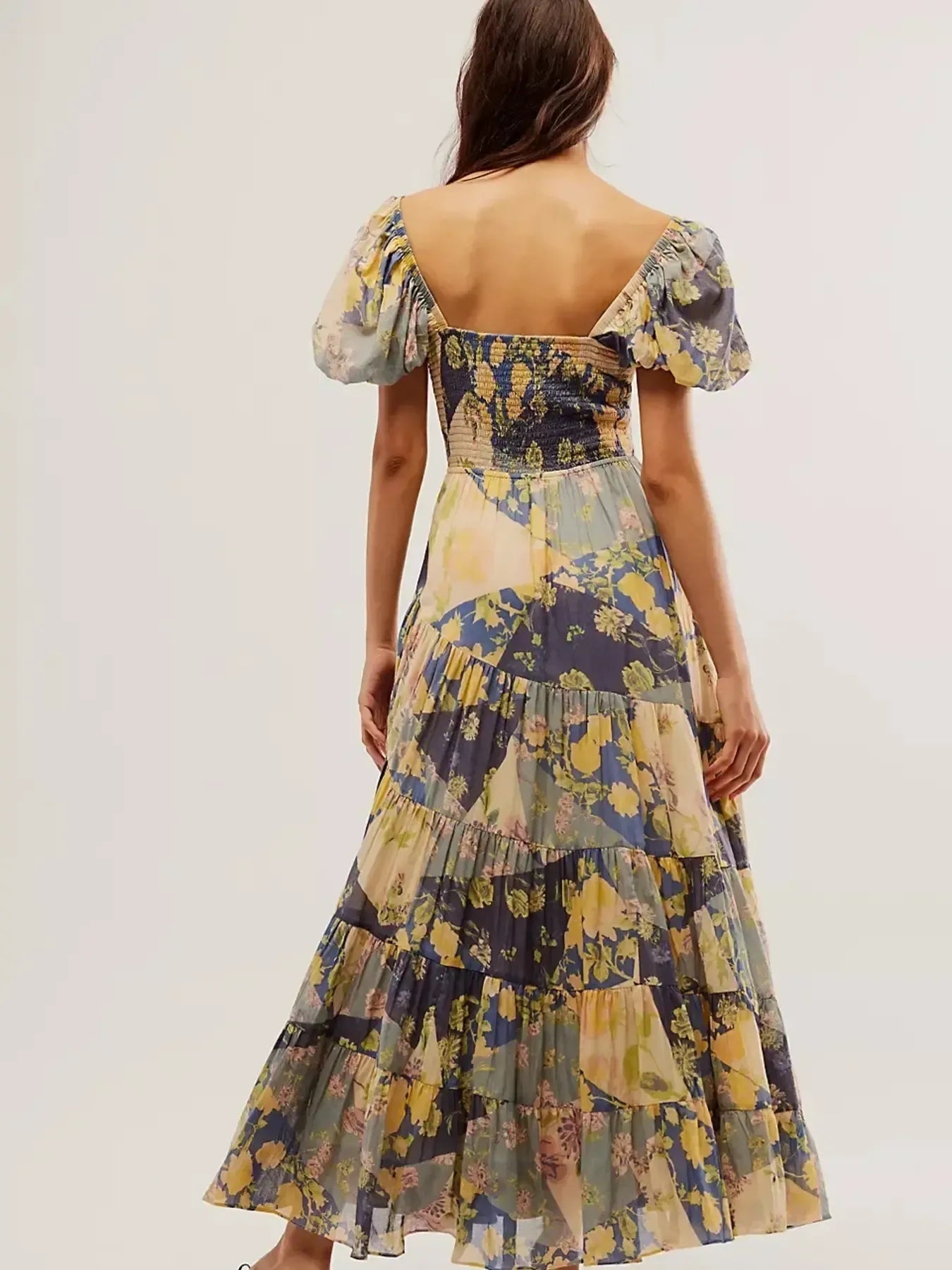 Printed Sweetheart Neck Puff Sleeve Maxi Dress