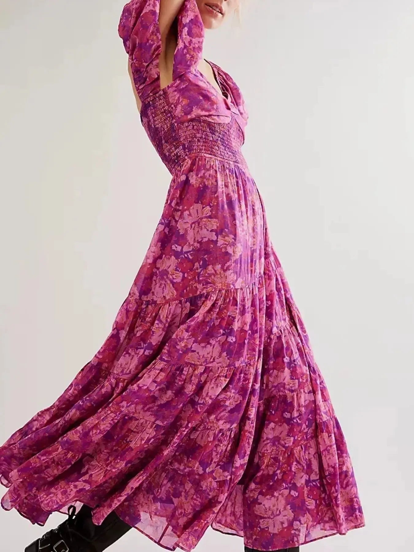 Printed Sweetheart Neck Puff Sleeve Maxi Dress