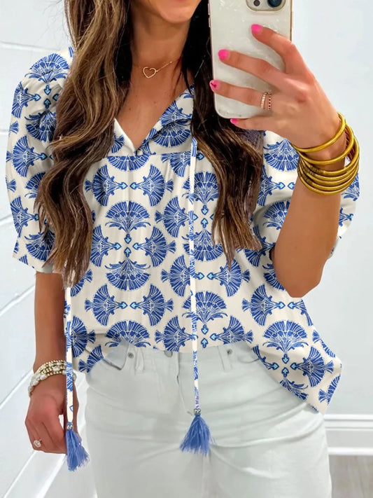 Printed Tassel Tie Neck Blouse