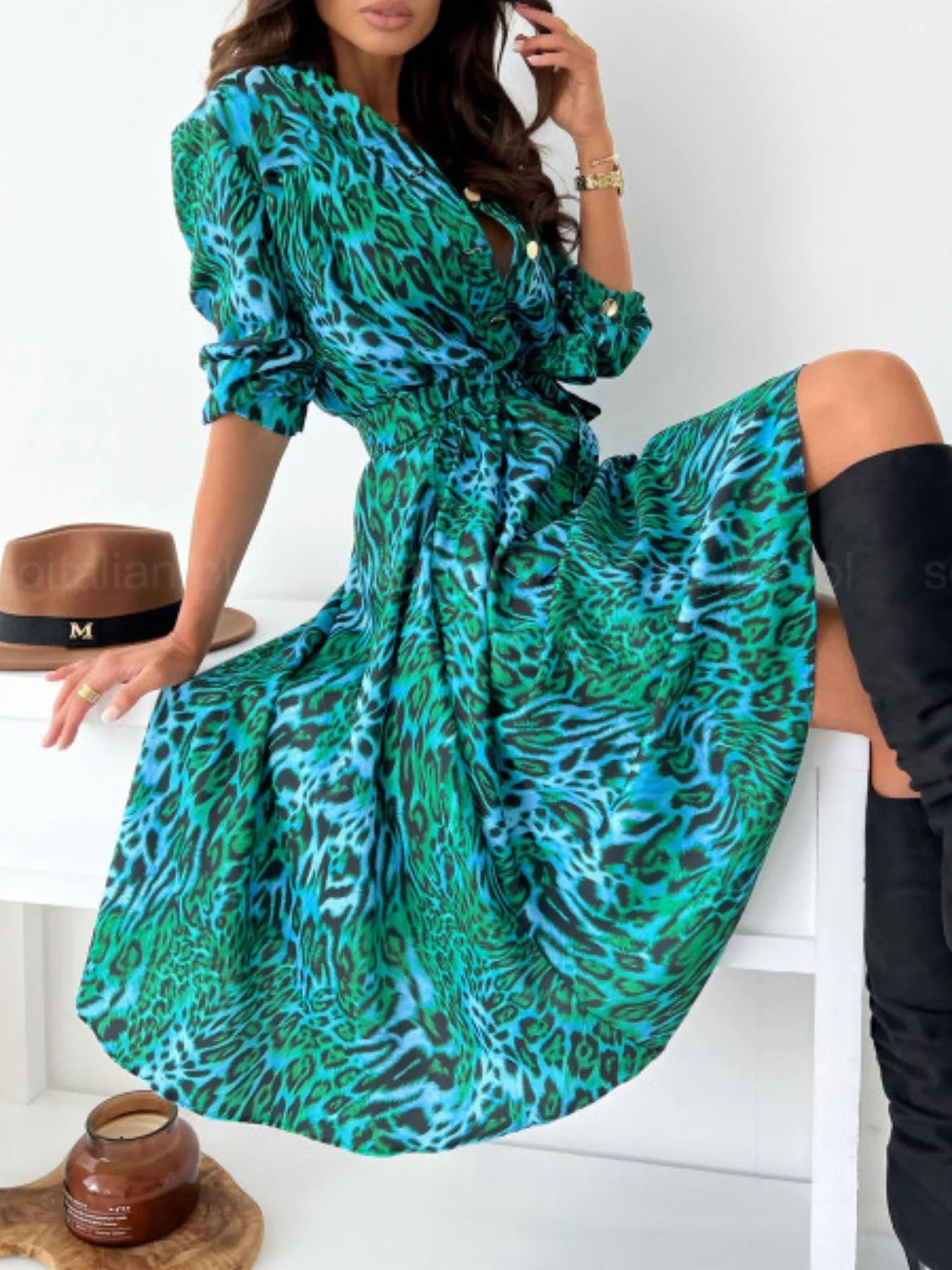 Printed Tie Waist Midi Dress