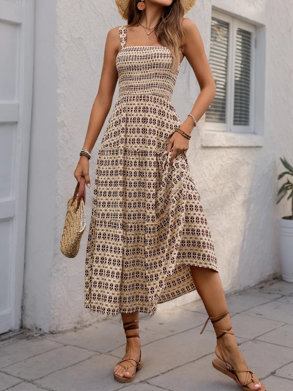 Printed Tiered Wide Strap Midi Dress