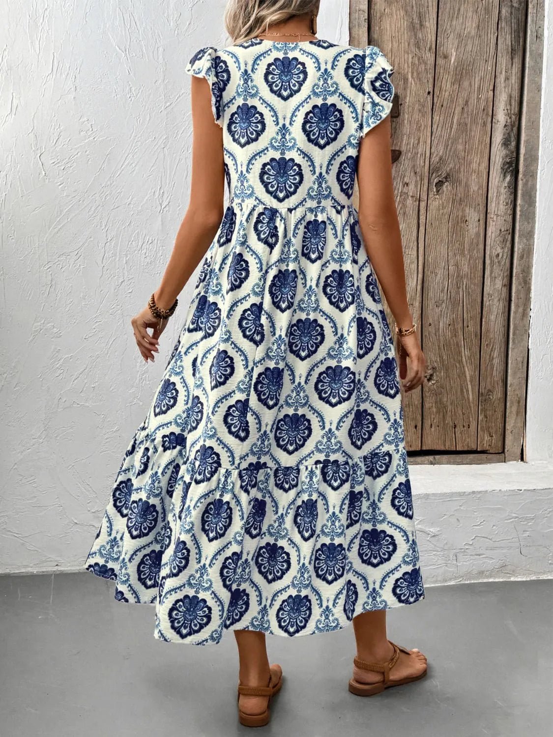 Printed V - Neck Cap Sleeve Dress