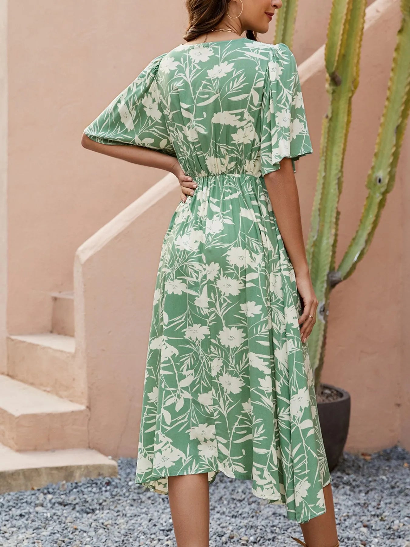Printed V - Neck Flutter Sleeve Midi Dress