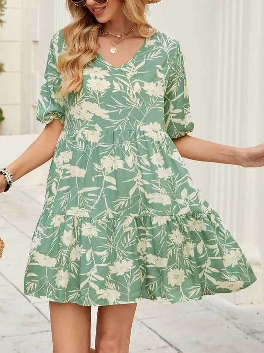 Printed V - Neck Ruffle Hem Mini Dress