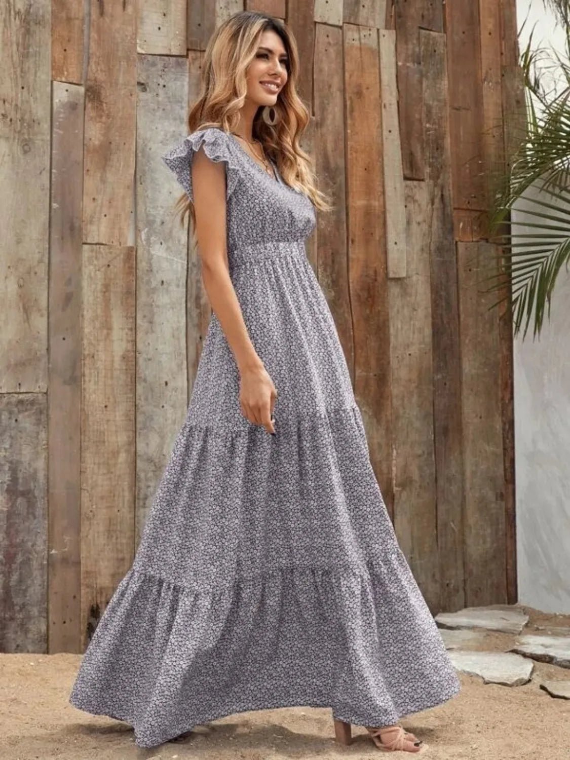 Printed V - Neck Ruffled Cap Sleeve Maxi Dress