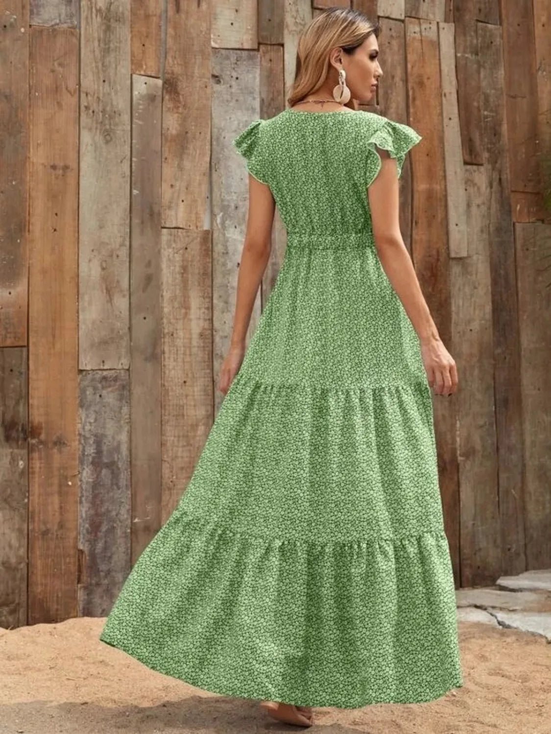 Printed V - Neck Ruffled Cap Sleeve Maxi Dress