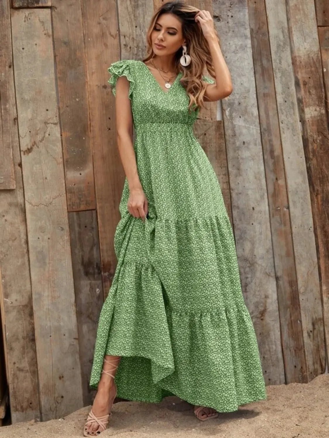 Printed V - Neck Ruffled Cap Sleeve Maxi Dress