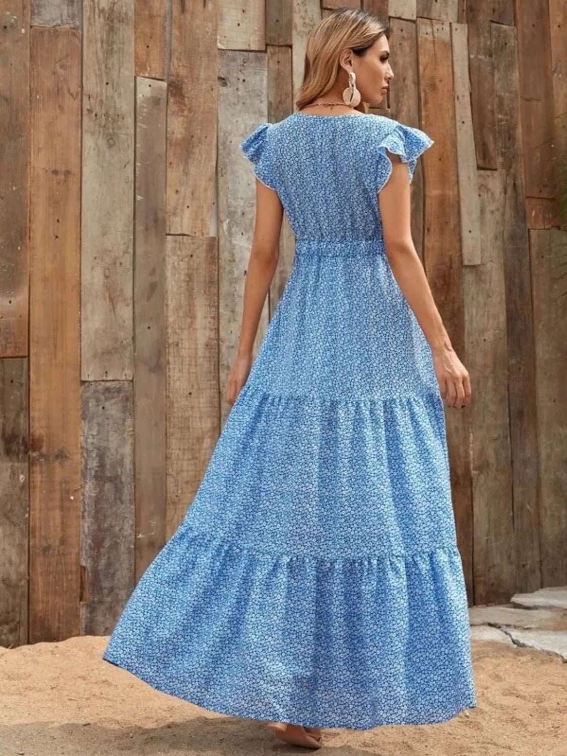 Printed V - Neck Ruffled Cap Sleeve Maxi Dress