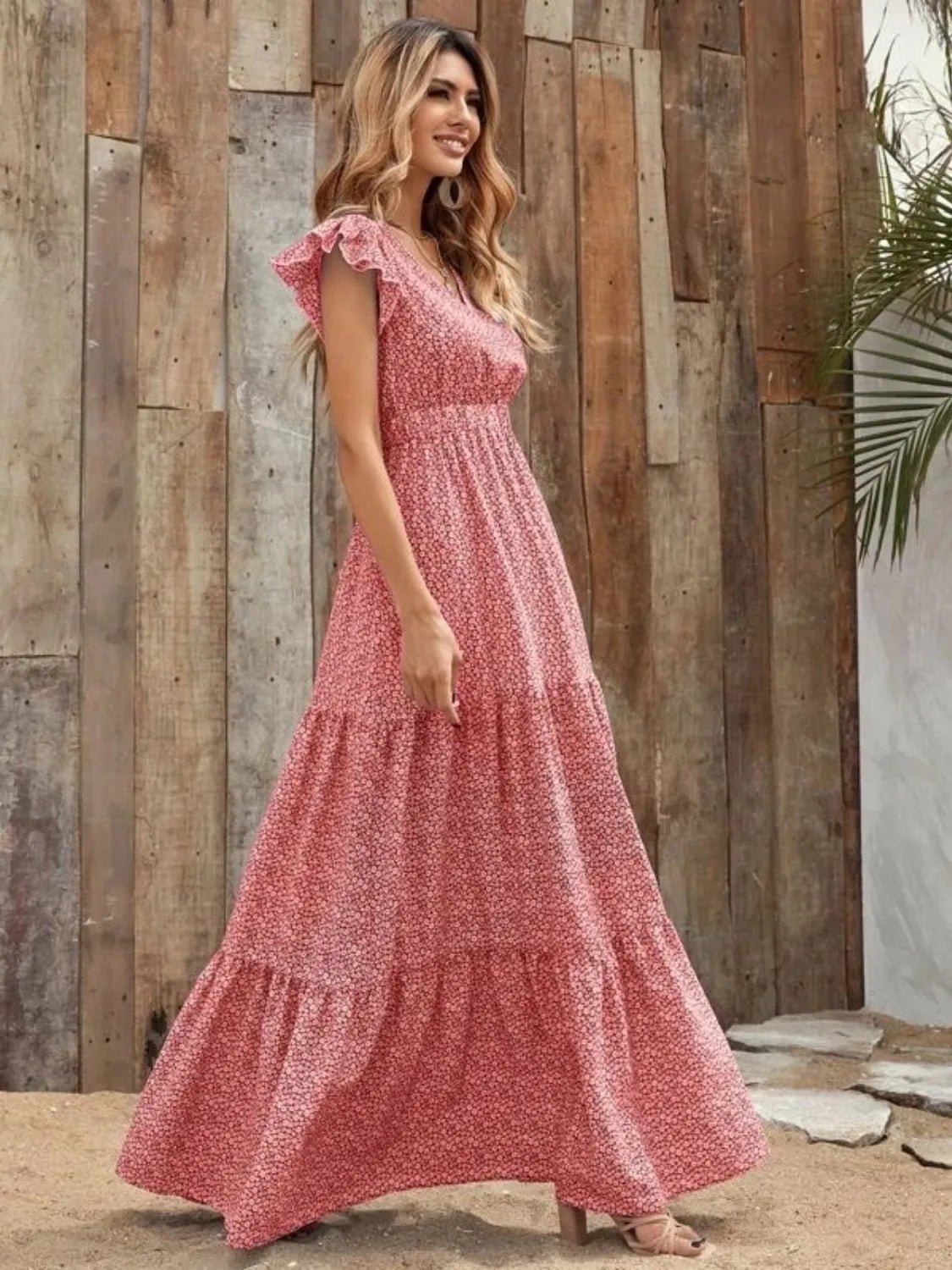 Printed V - Neck Ruffled Cap Sleeve Maxi Dress