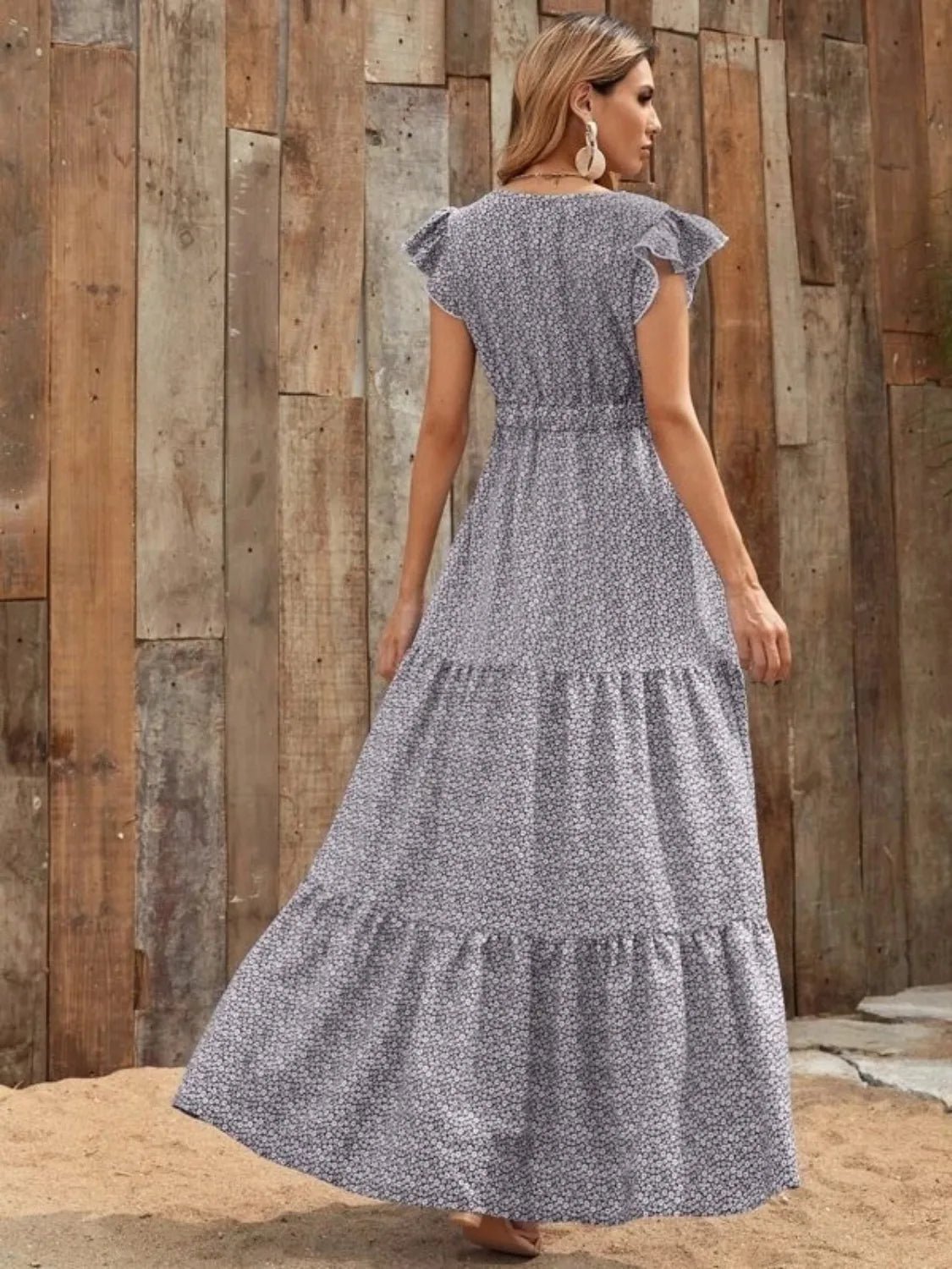 Printed V - Neck Ruffled Cap Sleeve Maxi Dress