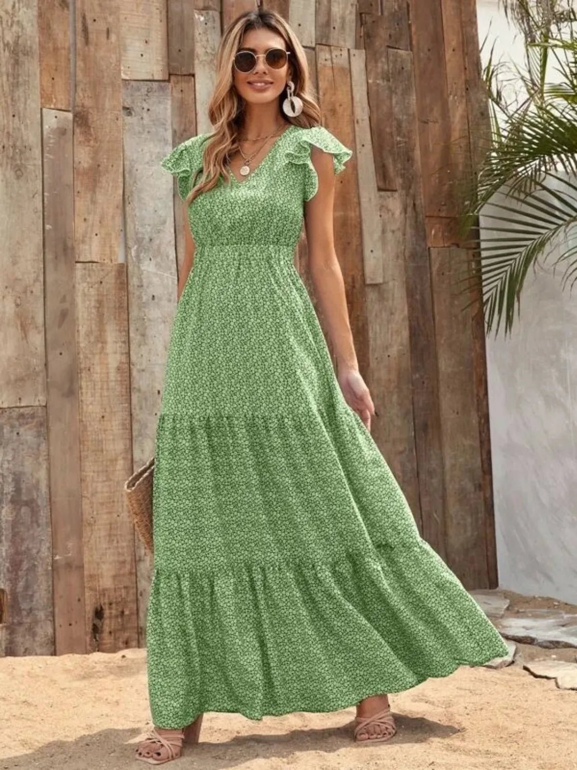 Printed V - Neck Ruffled Cap Sleeve Maxi Dress