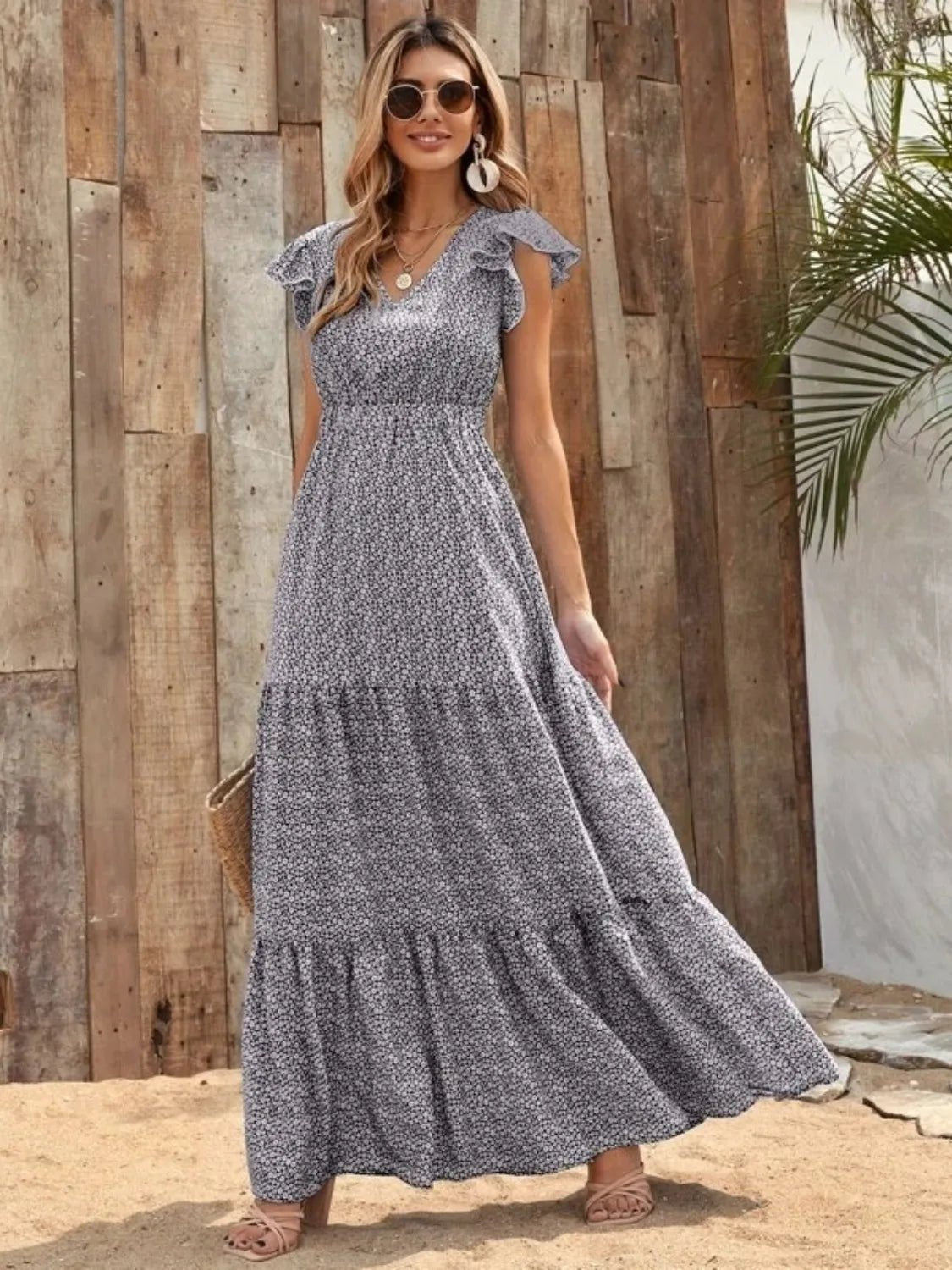 Printed V - Neck Ruffled Cap Sleeve Maxi Dress