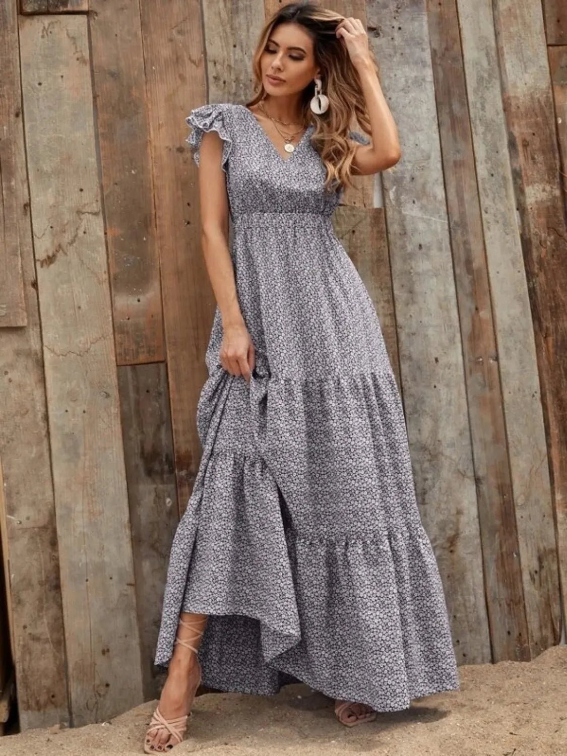 Printed V - Neck Ruffled Cap Sleeve Maxi Dress