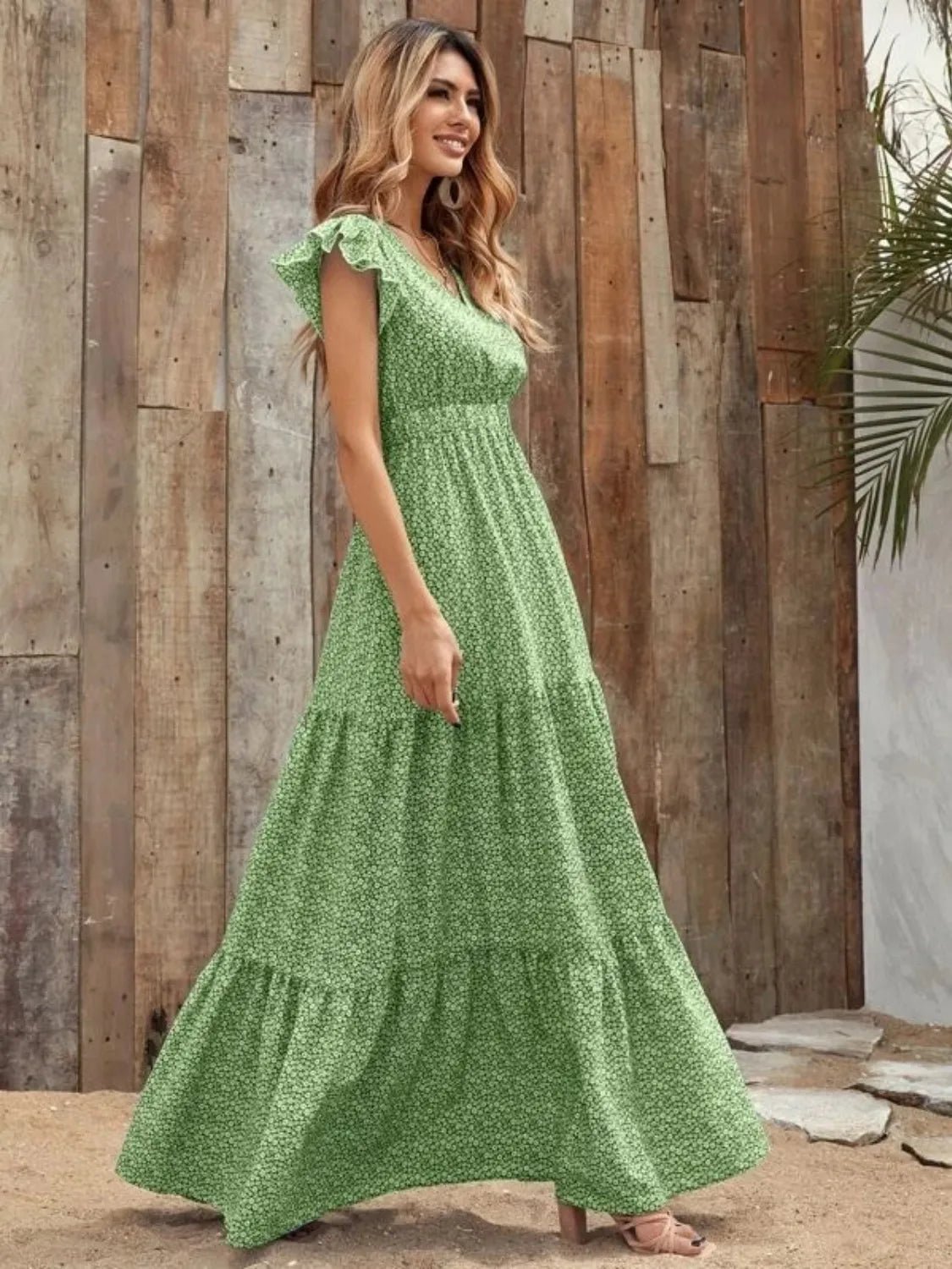 Printed V - Neck Ruffled Cap Sleeve Maxi Dress