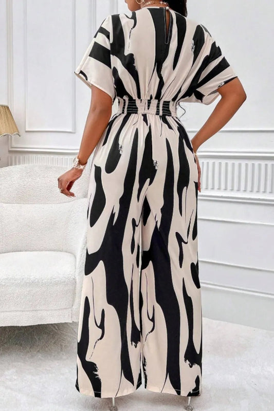 Printed V - Neck Short Sleeve Wide Leg Jumpsuit