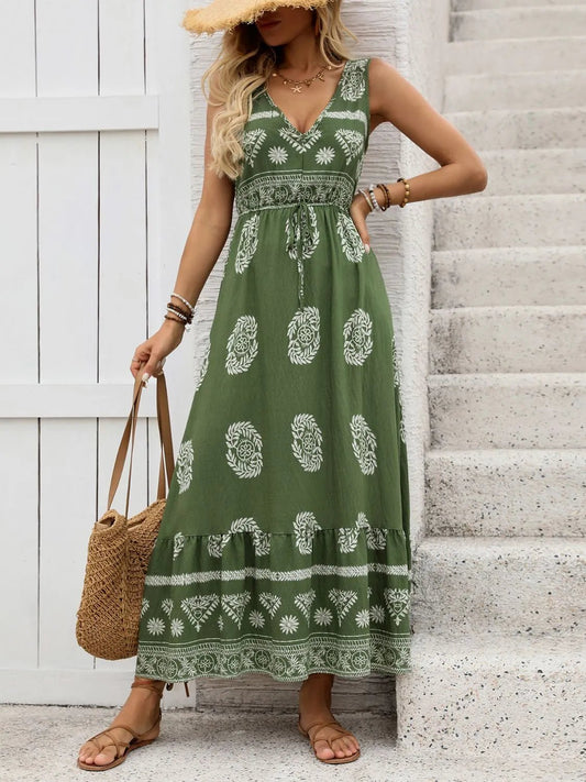 Printed V - Neck Sleeveless Dress