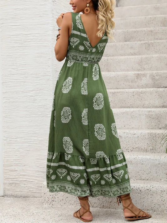 Printed V - Neck Sleeveless Dress