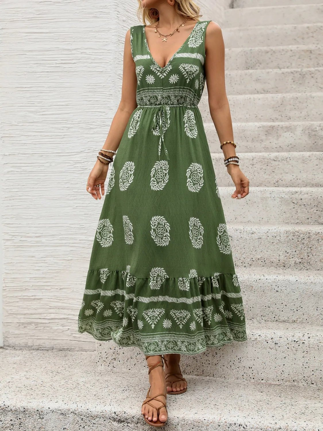Printed V - Neck Sleeveless Dress