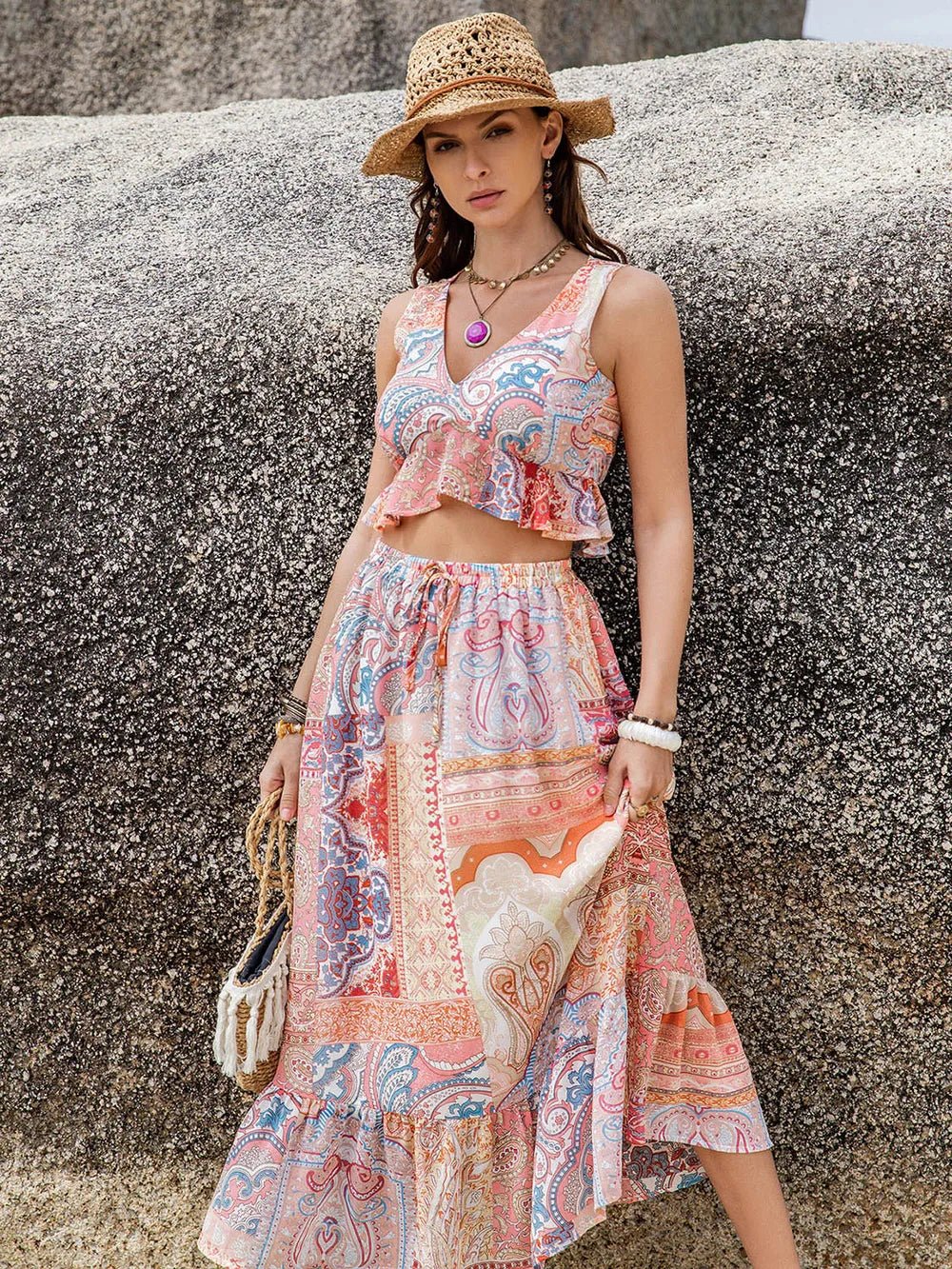 Printed V - Neck Top and Midi Skirt Set
