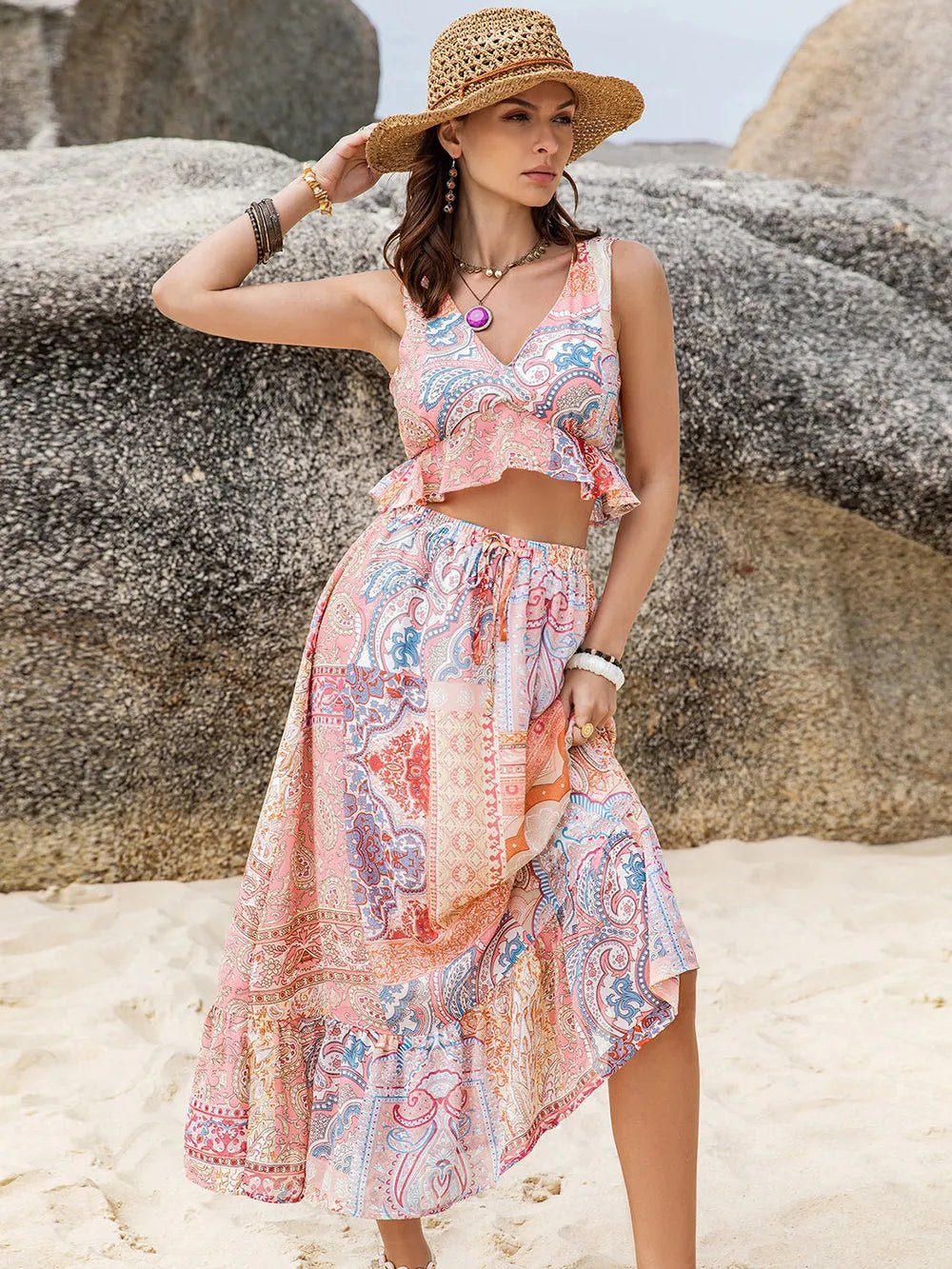 Printed V - Neck Top and Midi Skirt Set