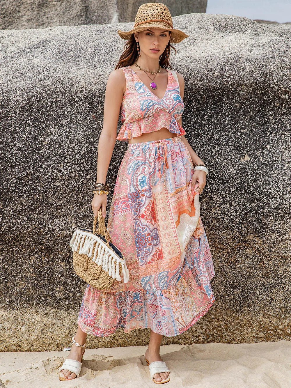 Printed V - Neck Top and Midi Skirt Set