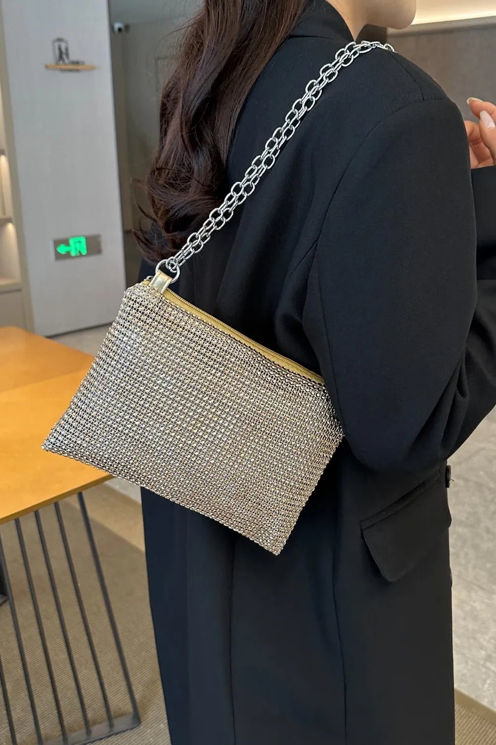 Rhinestone Polyester Chain Crossbody BagBag