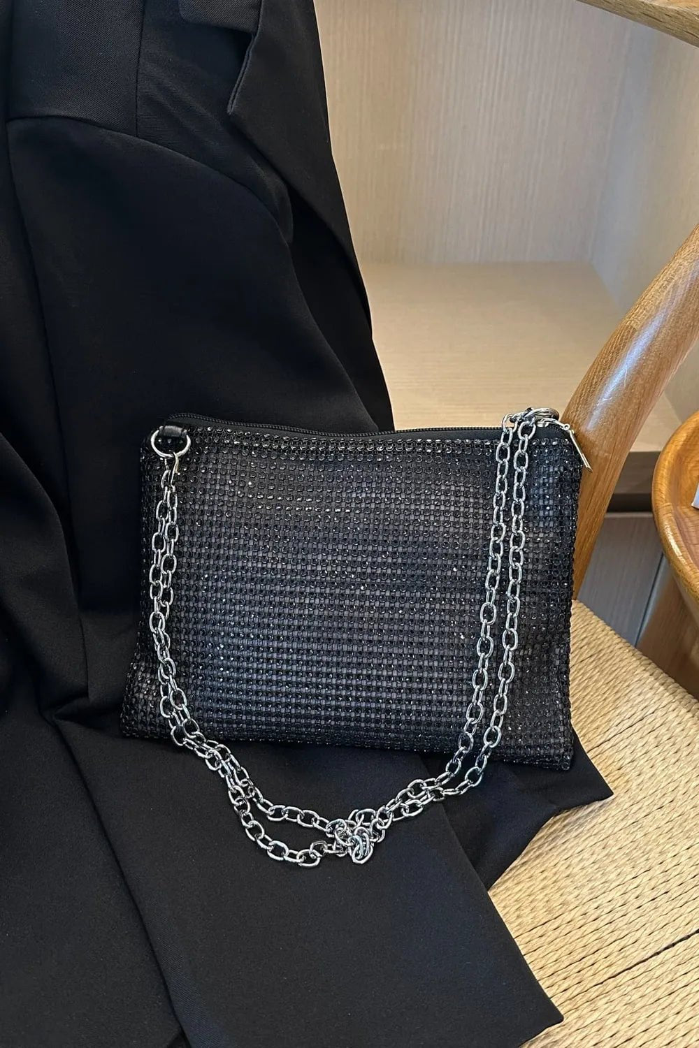 Rhinestone Polyester Chain Crossbody BagBag