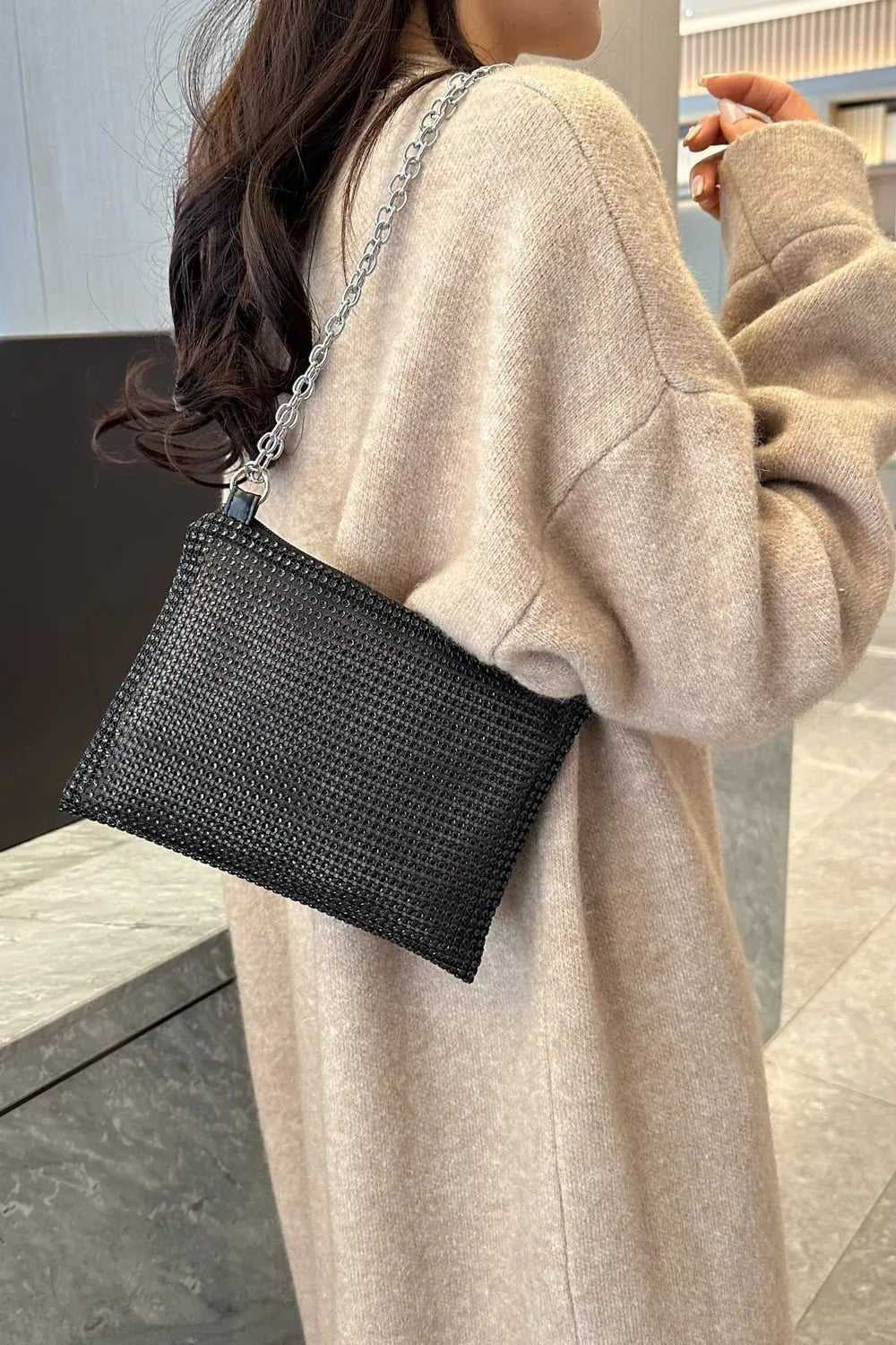 Rhinestone Polyester Chain Crossbody BagBag