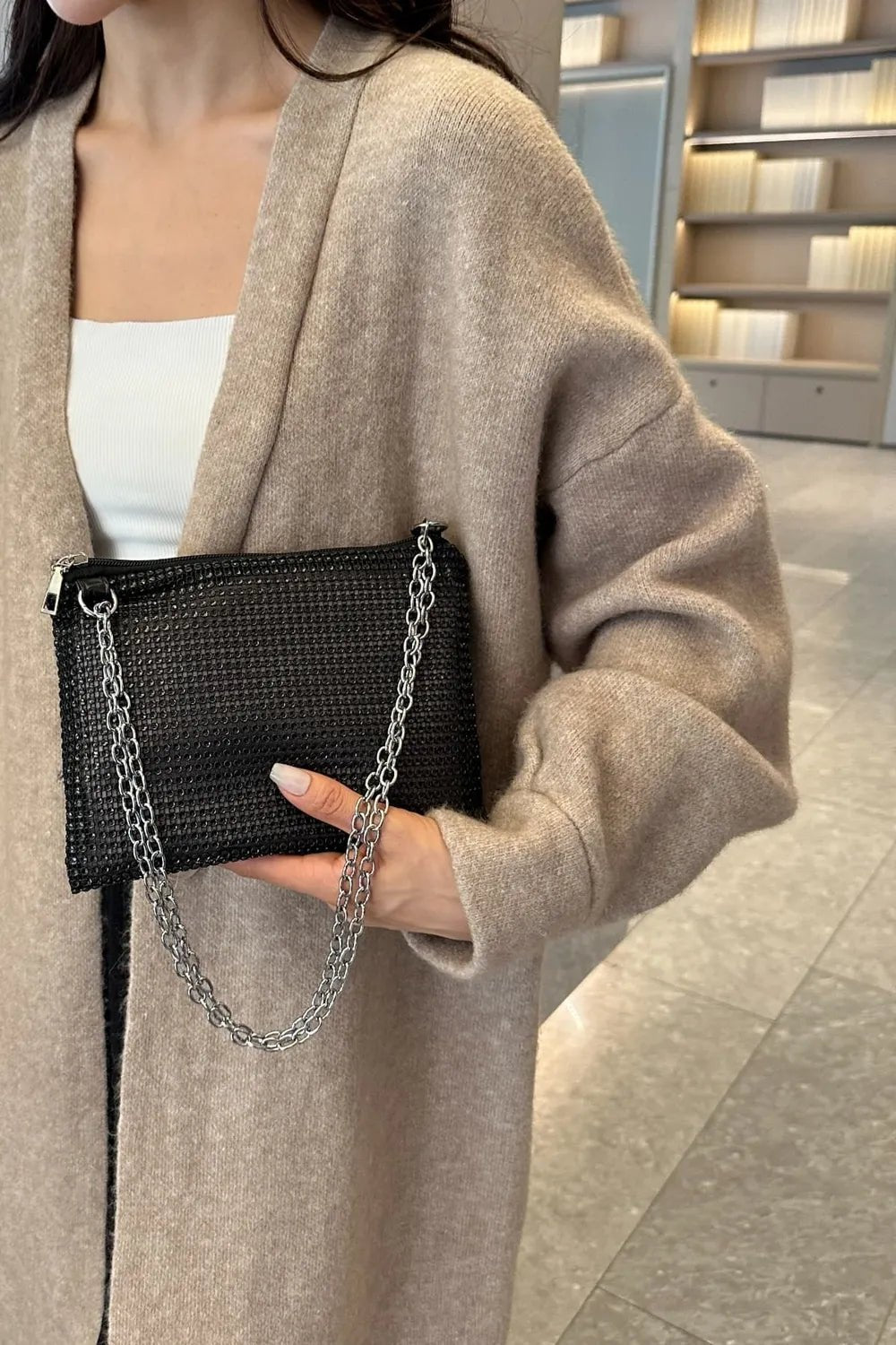 Rhinestone Polyester Chain Crossbody BagBag