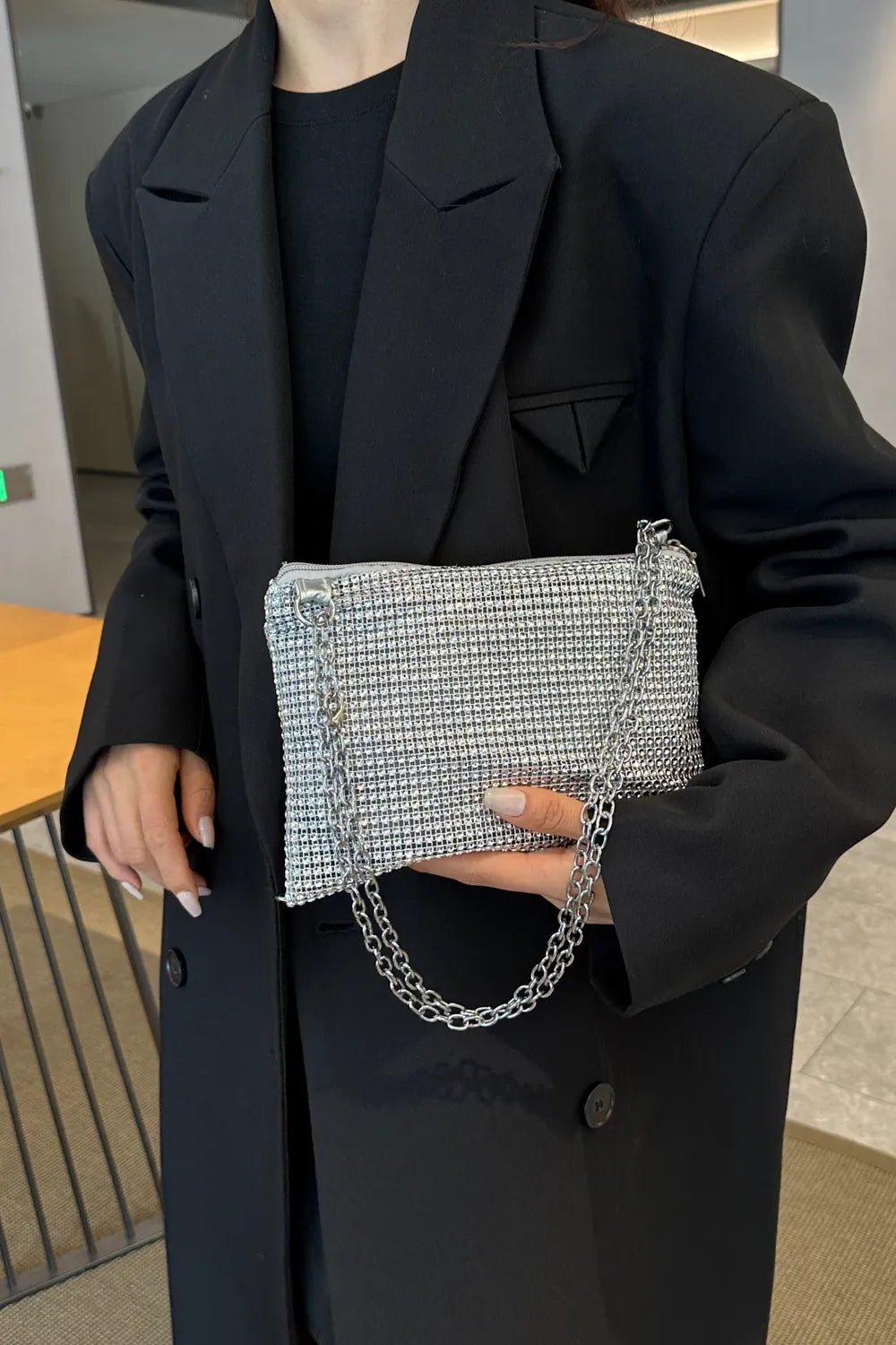Rhinestone Polyester Chain Crossbody BagBag