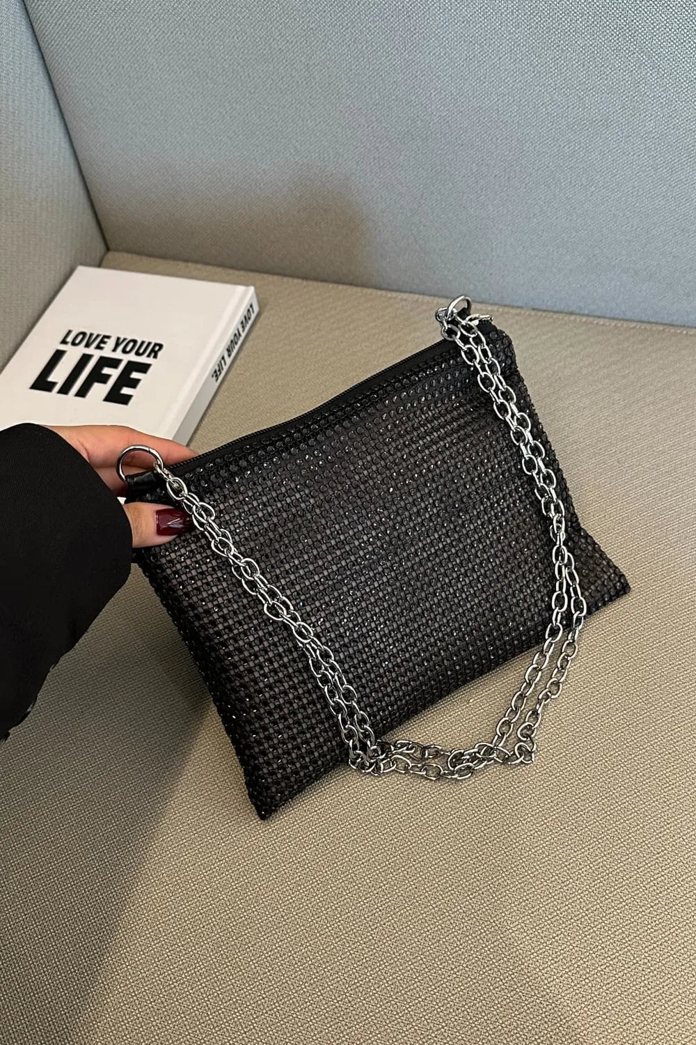 Rhinestone Polyester Chain Crossbody BagBag