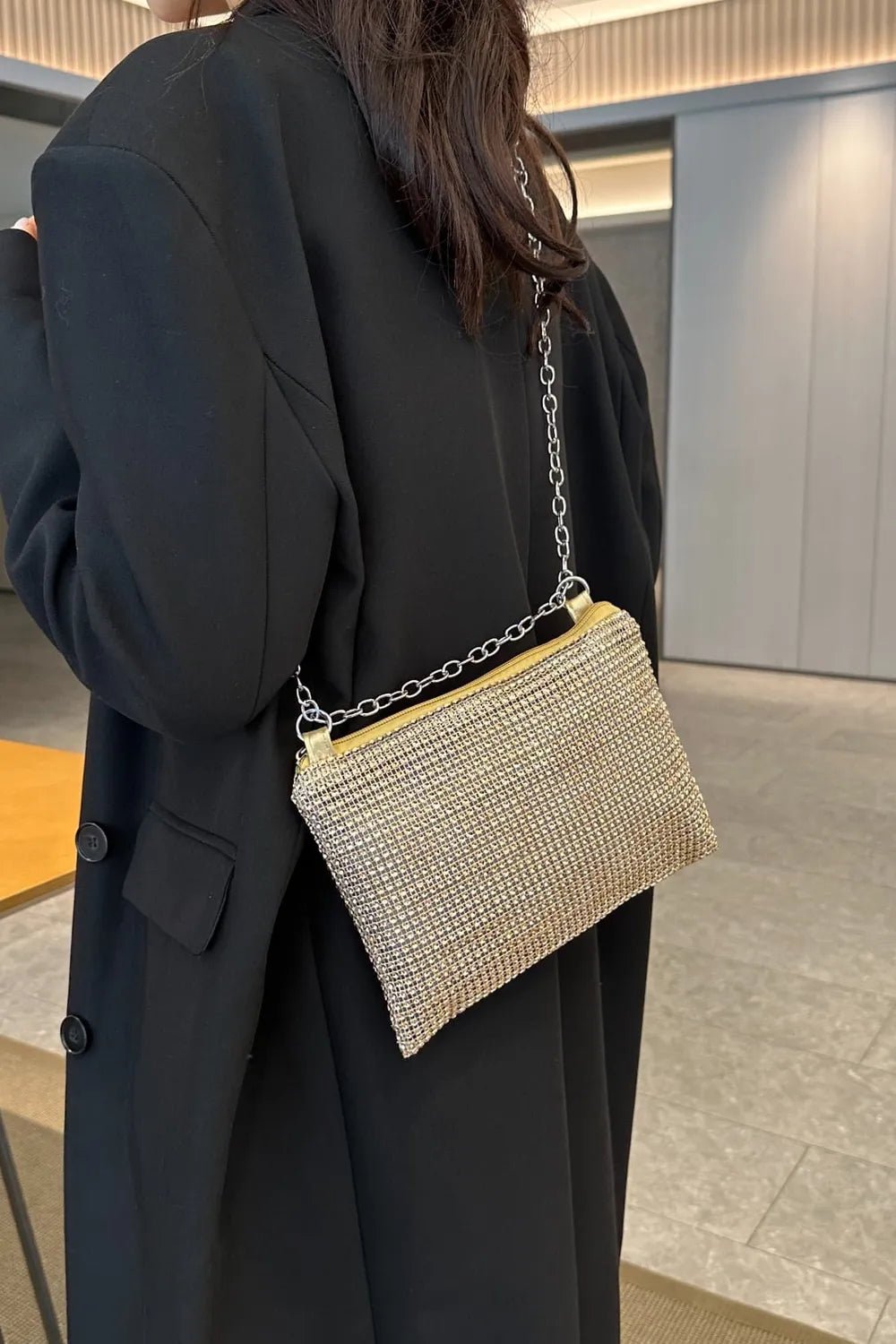 Rhinestone Polyester Chain Crossbody BagBag