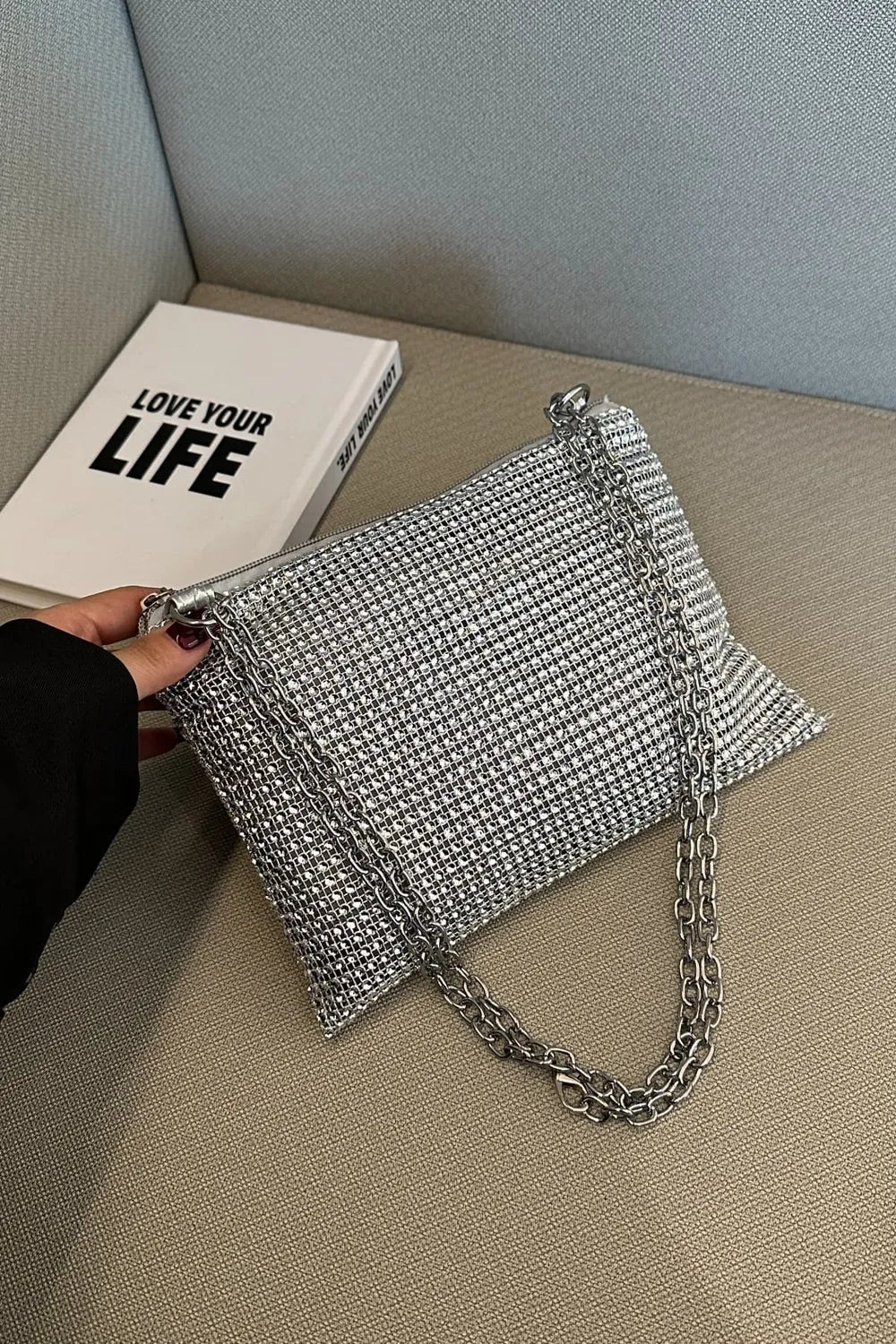 Rhinestone Polyester Chain Crossbody BagBag
