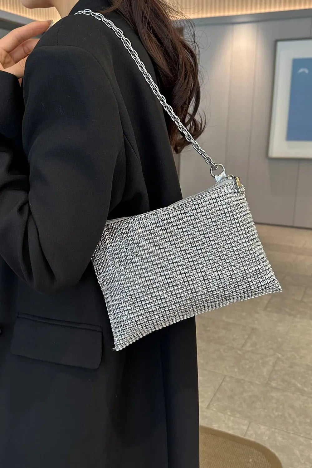 Rhinestone Polyester Chain Crossbody BagBag