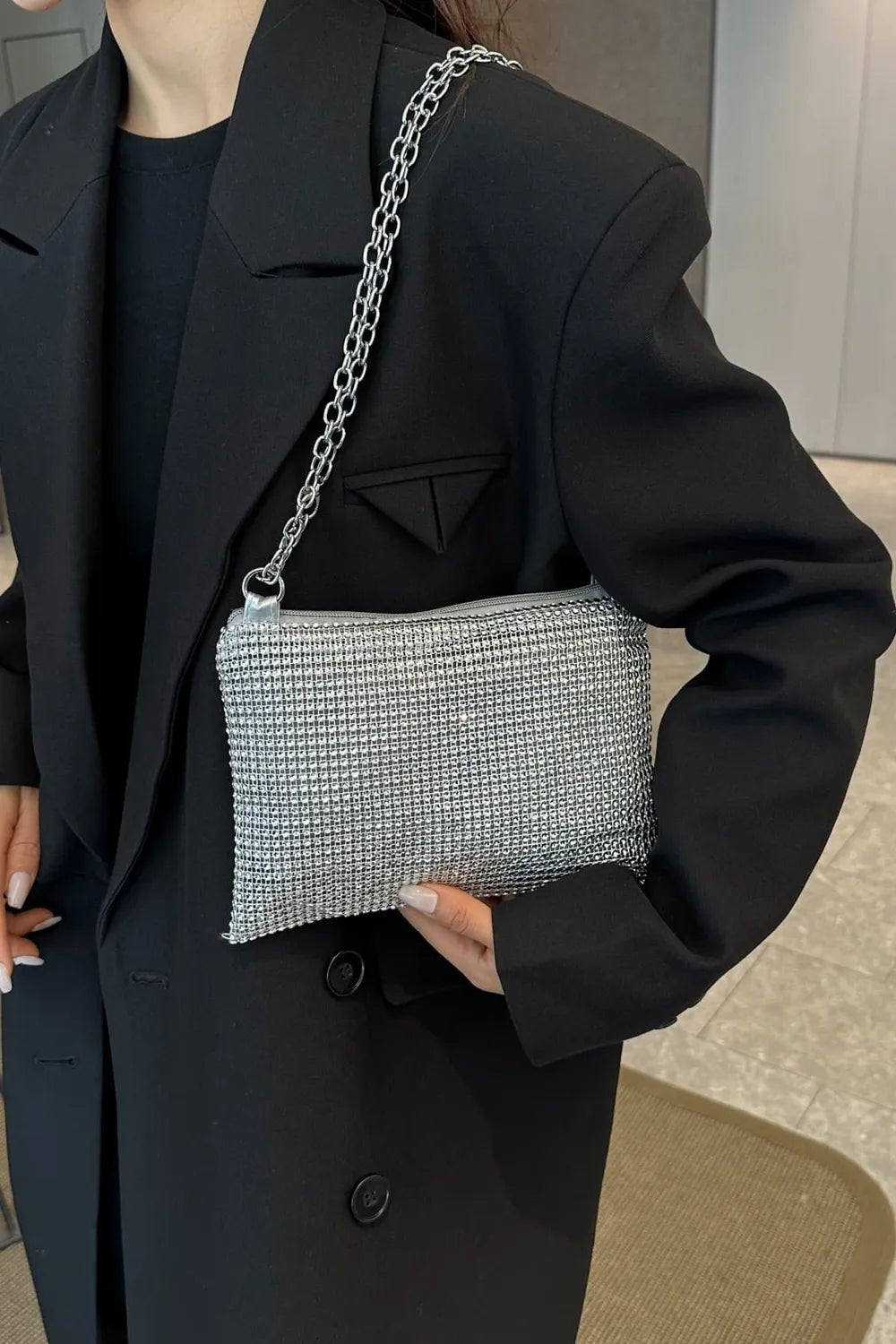 Rhinestone Polyester Chain Crossbody BagBag