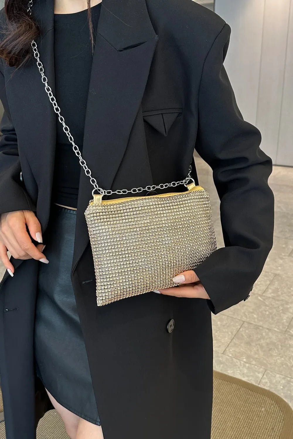 Rhinestone Polyester Chain Crossbody BagBag