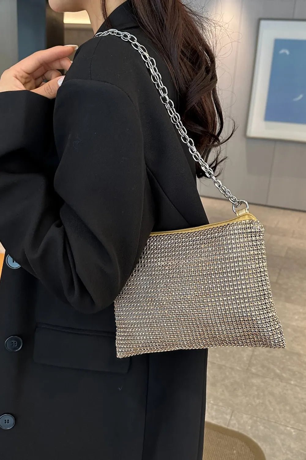 Rhinestone Polyester Chain Crossbody BagBag