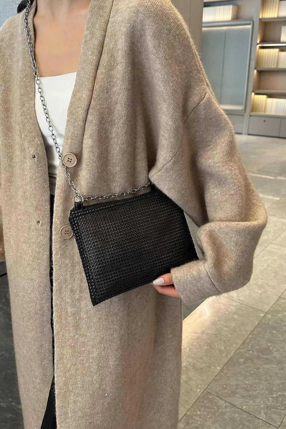 Rhinestone Polyester Chain Crossbody BagBag