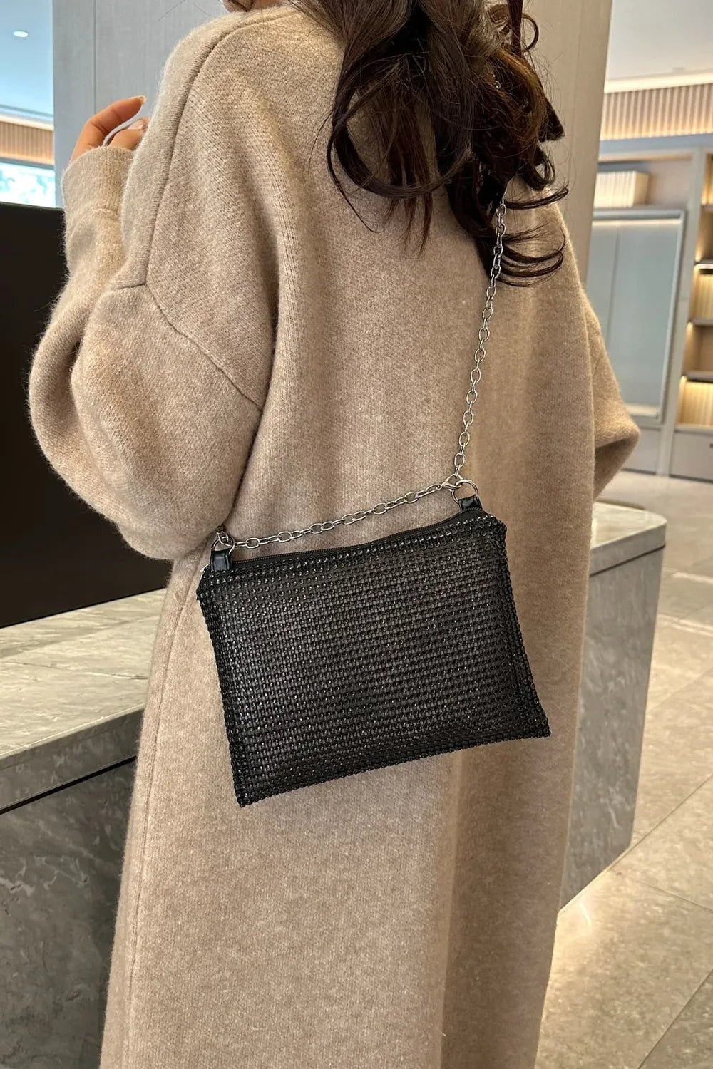 Rhinestone Polyester Chain Crossbody BagBag