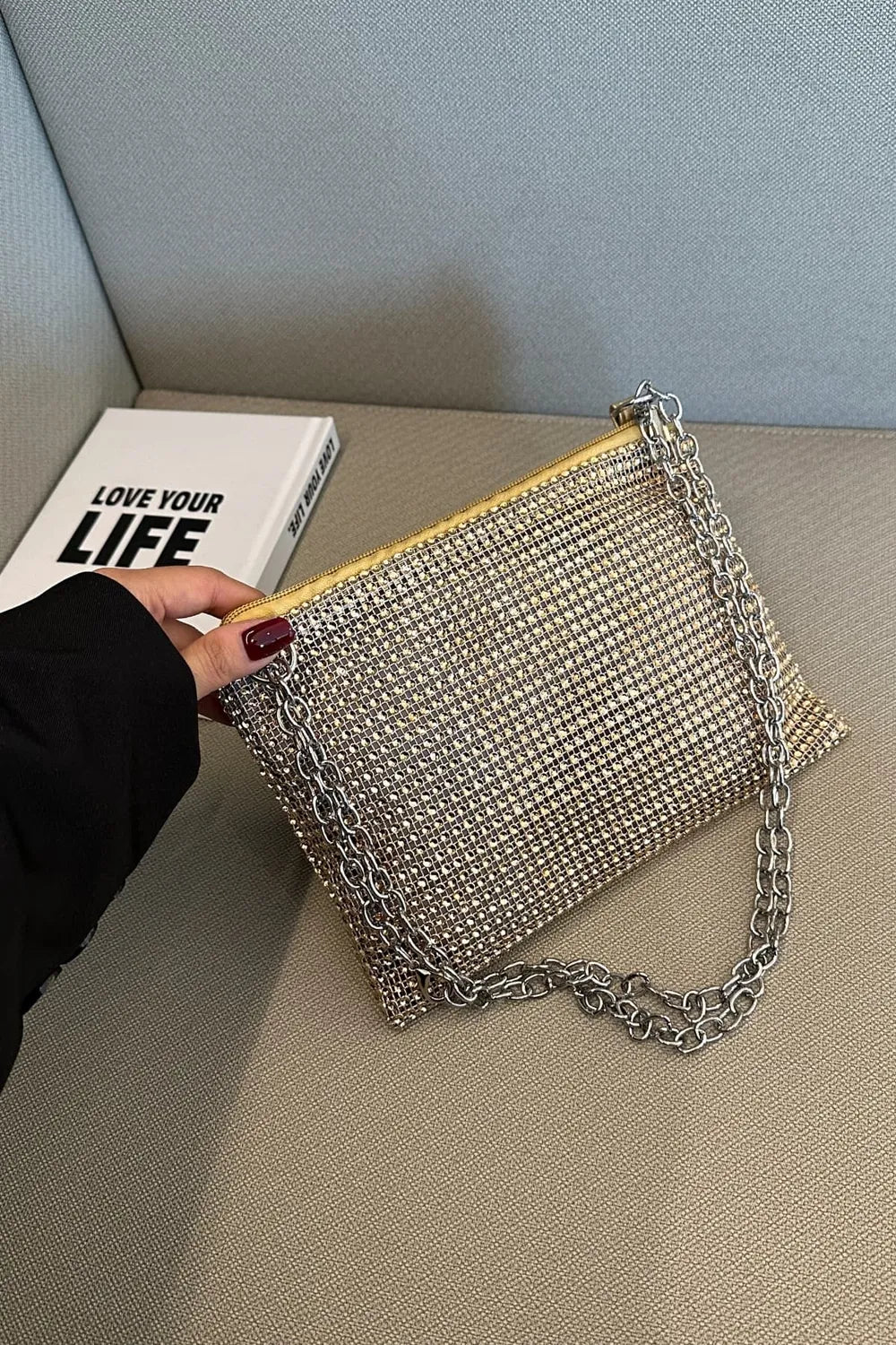 Rhinestone Polyester Chain Crossbody BagBag