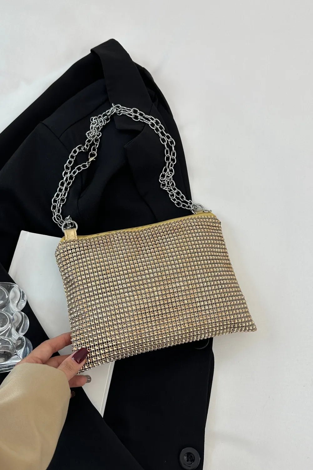 Rhinestone Polyester Chain Crossbody BagBag