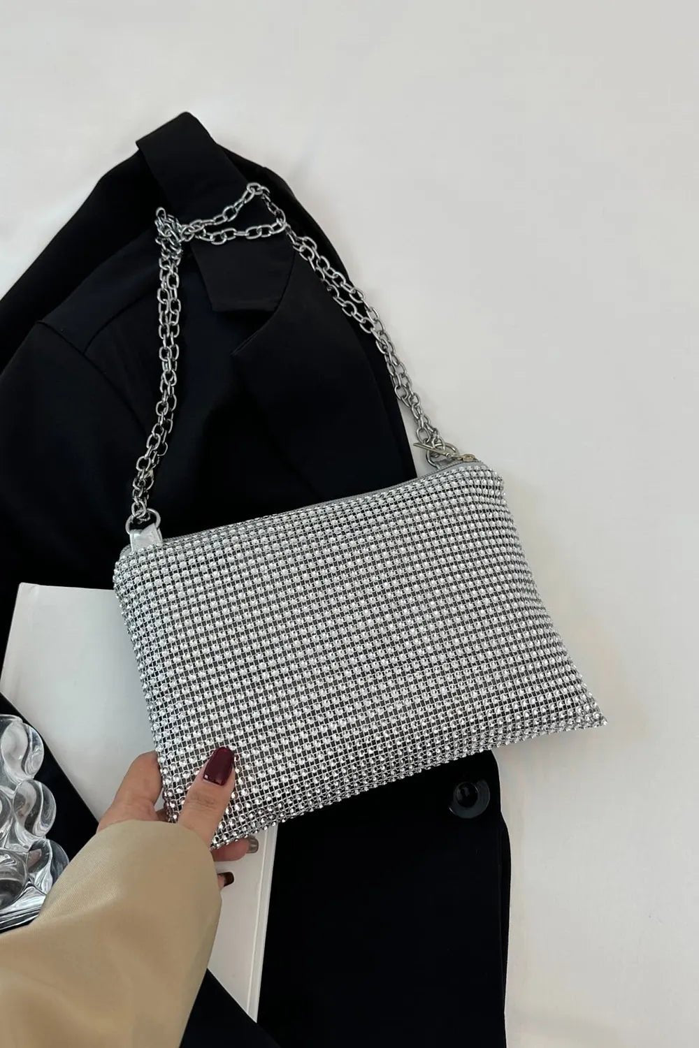 Rhinestone Polyester Chain Crossbody BagBag