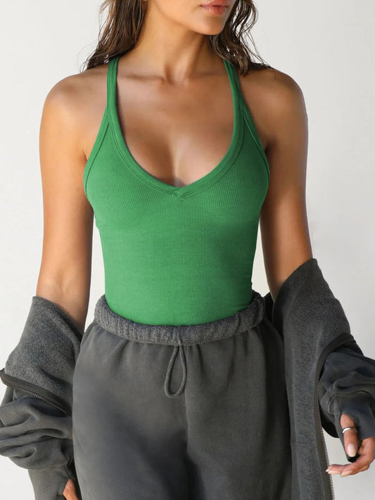 Ribbed V - Neck Halter Tank Top