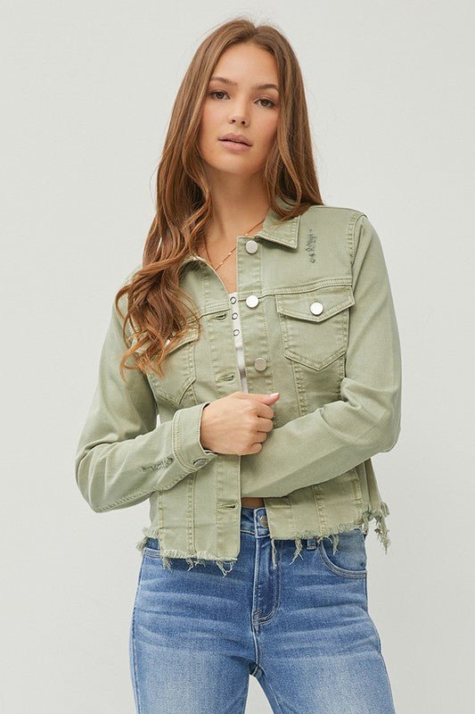 RISEN Full Size Raw Hem Button Up Cropped Denim Jacket Plus Size - ClassiQ