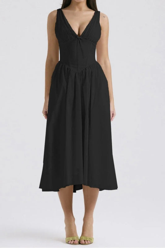 Ruched V - Neck Sleeveless Dress with Pockets
