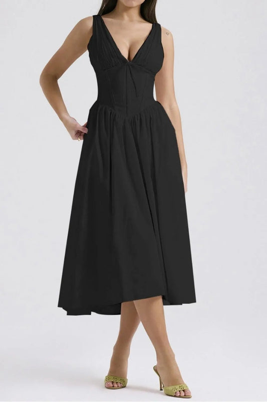 Ruched V - Neck Sleeveless Dress with Pockets