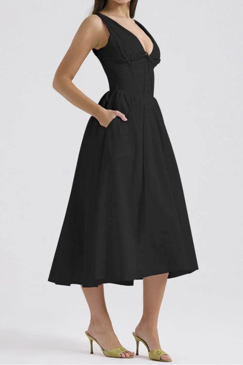 Ruched V - Neck Sleeveless Dress with Pockets