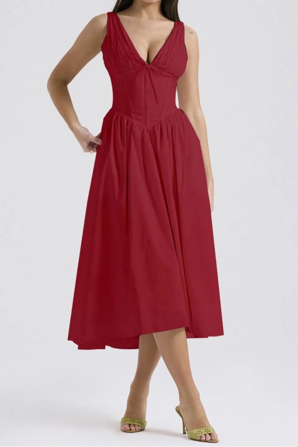 Ruched V - Neck Sleeveless Dress with Pockets